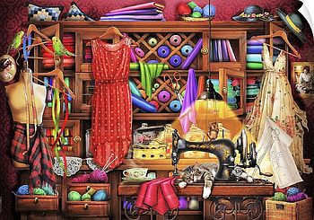 Ye Olde Craft Room, sewing machine, birds, mouse, art, dresses, cat, yarn HD wallpaper