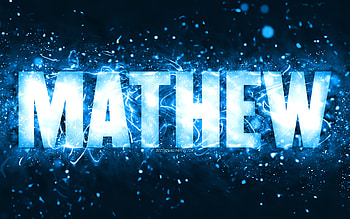 Happy Birtay Mathew, , blue neon lights, Mathew name, creative, Mathew Happy Birtay, Mathew Birtay, popular american male names, with Mathew name, Mathew HD wallpaper