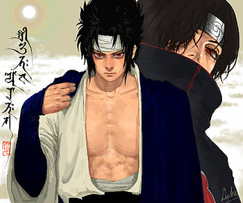 Sasuke & Itachi, sasuke, headband, ninja, red eyes, itachi, shinobi, uchiha sasuke, ninjas, sun, naruto shippuden, brothers, black hair, sharingan, anime, uchiha, clouds, naruto, itachi uchiha, mangekyou sharingan, uchiha itachi, sasuke uchiha, spiky hair HD wallpaper