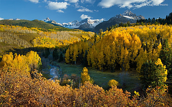 Colorado River, blue, river, yellow, clouds, trees, autumn, nature, colorado, sky, mountains, water HD wallpaper