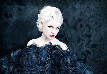 Beauty In Feathers, blue, gothic, blond, feathers, beautiful, dark, woman, lady, face, lips HD wallpaper