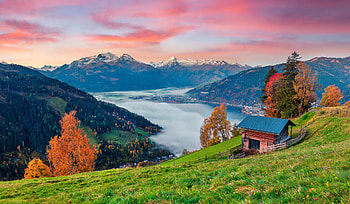 Mountainscape, houses, mountain, lake, hills, slope, fall, beautiful, mist, autumn, view, sky, village, sunset HD wallpaper