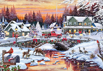 Snowy Bridge, deer, houses, cardinal, village, pond, geese, winter, ducks, painting, snow HD wallpaper