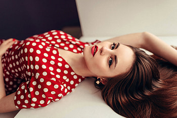 Girl Poka Dot Dress Lying, girls, model HD wallpaper