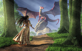 Facing the Red Dragon, digital, art, trees, girl, rocks, reptile HD wallpaper