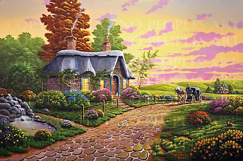 Prairie Ride, artwork, horse, trees, cottage, road, sky, stones, sunset, painting HD wallpaper