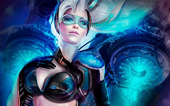Galaxy Saga, blue, black, blonde, girl, beauty, armor, woman, fantasy, costume, light, glossy, game, glasses, fighter HD wallpaper