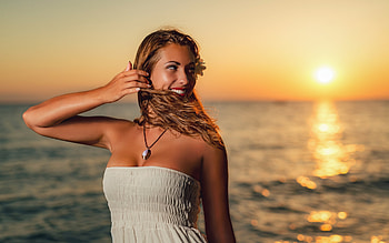 :), blonde, girl, water, woman, sunset, beach, sea, wind, summer, vara HD wallpaper