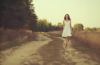 Summer, brunette, road, dress, woman HD wallpaper