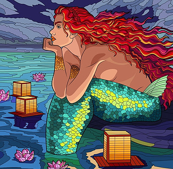 Mermaid, yellow, harsh taggar, redhead, water, siren, art, summer, fantasy, lantern, vara HD wallpaper