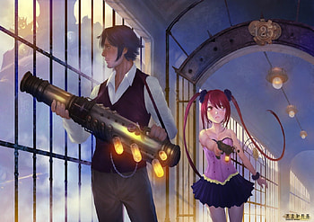 Patrol, pixiv fantasia, awesome, long hair, beauty, nice, cg, short hair, couple, game, pink eyes, gun, male, female, brown eyes, skirt, landscape, lovers, pink hair, anime girl, anime, cool, weapon, anime boy HD wallpaper