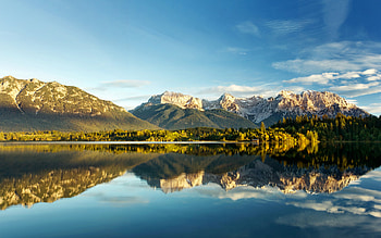 Barmsee Reflection, blue, forests, peaceful, beautiful, lakes, reflection, clouds, nature, sky, mountains HD wallpaper