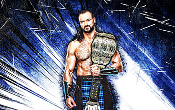 Drew McIntyre, grunge art, american wrestler, WWE, blue abstract rays, Andrew McLean Galloway IV, wrestling, Drew McIntyre with belt, creative, wrestlers, Drew McIntyre HD wallpaper