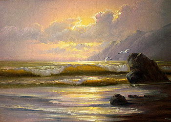 Natalie Turner, sea, painting, art, sky, wave, sunset HD wallpaper