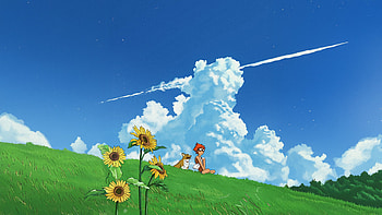 Ed And Ein In A Ghibli World, clouds, cloud, grass, sky, artist, artwork, art, digital-art, artstation HD wallpaper