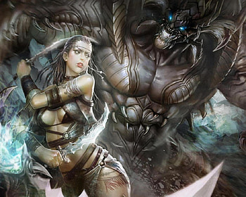 Warrior vs Monster, fantasy, daggers, monster, giant, woman HD wallpaper
