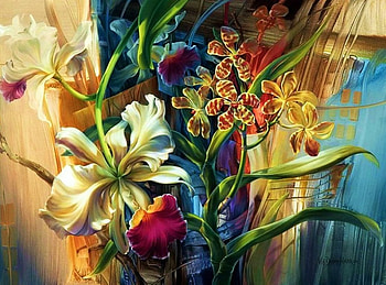 Orchids, artwork, plant, painting, blossoms, exotic HD wallpaper