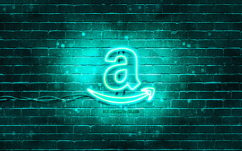 Amazon turquoise logo, , turquoise brickwall, Amazon logo, brands, Amazon neon logo, Amazon HD wallpaper