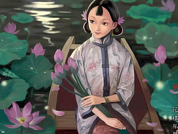 Stream of Waterlilies, asian writing, art, oriental lady, waterlilies, pond HD wallpaper
