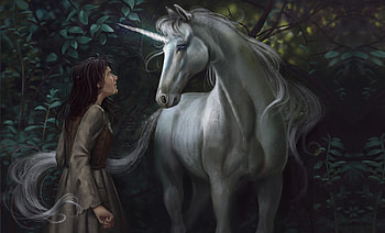 How dare you?, alex shiga, fantasy, art, unicorn, luminos, girl HD wallpaper