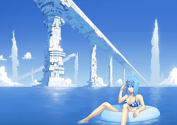 Anime Girl in Blue Bikini, blue eyes, blue bikini, blue hair, swimsuit, anime, bridge, clouds, sky, water HD wallpaper