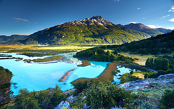 chile river, water, mountains, river, hills, trees, shrubs, sunset HD wallpaper