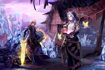Magical, night, blue, sword, art, man, girl, purple, charlottexxi, anime, butterfly, fantasy, couple HD wallpaper
