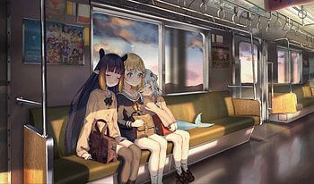 Anime Girls In Train Closed Eyes Smiling Sailor Uniform, anime-girl, anime, artist, artwork, digital-art HD wallpaper