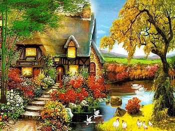 Lovely countryside place, colorful, peaceful, spring, serenity, nice, quiet, reflection, painting, trees, water, pond, art, house, paradise, beautiful, lake, cabin, summer, swans, pretty, light, nature, flowers, cottage, lovely, calmness, village, countryside HD wallpaper