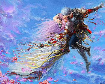 The kiss, blue, art, lovers, pink, fantasy, petals, couple, kiss, luminos HD wallpaper