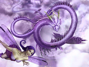Mighty dragon and fairy, fairy, purple, wings, fantasy, dragon, woman HD wallpaper