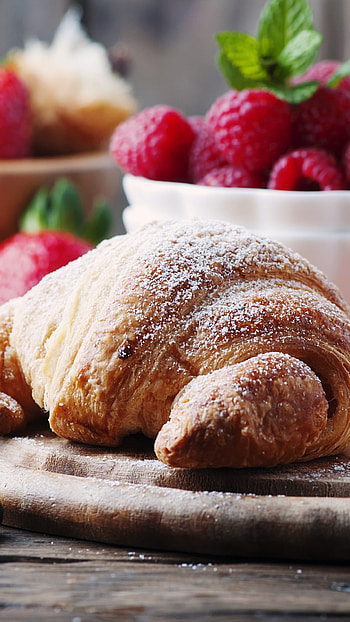 French croissants, Fruit with berries, Delicious and sweet, food HD phone wallpaper