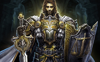 Paladin, blue, shield, golden, sword, man, knight, libra, armor, fantasy, zodiac, yellow, game HD wallpaper