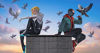 Miles Morales X Gwen Stacy Playing With City Birds, spiderman, miles-morales, gwen-stacy, superheroes, artwork, art, digital-art, artstation HD wallpaper