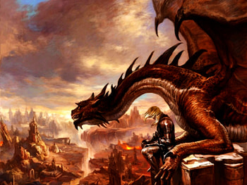 Dragon, human, city, red HD wallpaper