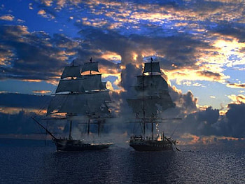 Let Battle Commence, galleons, battle, clouds, sails, sky, sunset, ocean HD wallpaper