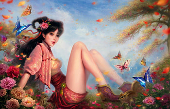 Fantasy girl, vara, summer, pink, fantasy, butterfly, flower, girl, ruoxin zhang HD wallpaper