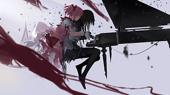 Puella Magi Magic: Homura & Madoka Anime Piano Moment, Homura Akemi, Madoka Kaname, Anime, Puella Magi Madoka Magica HD wallpaper
