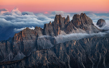 Dolomites at Dusk, Italy, sky, fog, sunrise, peaks, colors, alps HD wallpaper