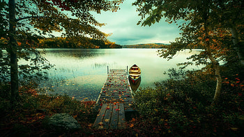 Autumn Lake, Ontario, boat, clouds, pier, trees, sky, canada, water, reflections HD wallpaper