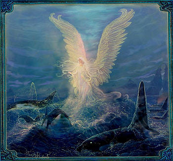 Angel Of The Sea, sea, wings, fantasy, angel, whales, water HD wallpaper