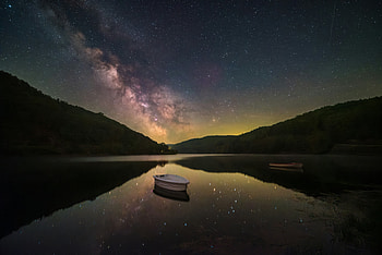 Milky Way Reflection On Tranquil Mountain Lake, milky-way, stars, star, sky, mountains, mountain, lake, boat, nature HD wallpaper