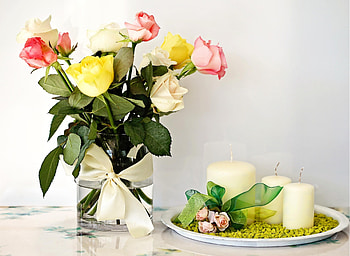 Flowers, Roses, Candles, Bouquet, Bow, Vase HD wallpaper
