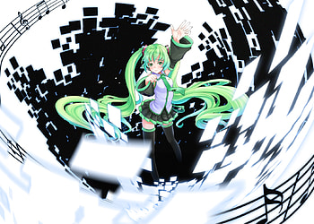 Hatsune Miku, black, awesome, cute, vocaloid, song notes, beauty, nice, miku, vocaloids, hatsune, thighhighs, skirt, notes, white, blue eyes, twintail, beautiful, anime, pretty, cool, green hair HD wallpaper