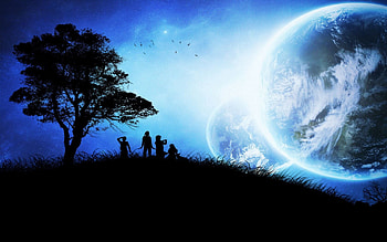 Fantasy, Birds, Planets, Children, Wood, Tree, Silhouettes HD wallpaper