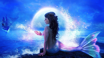 MERMAID SONG, OCEAN, SHIP, MOON, SEASHELL, MERMAID, BLUE HD wallpaper