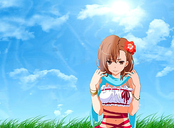 Misaka Mikoto, blue, cute, to aru majutsu no index, nice, scenery, scenic, to aru kagaku no railgun, short hair, cloud, female, brown eyes, sexy, sweet, scene, ribbon, hot, girl, grass, anime girl, anime, pretty, field, light, brown hair, sky, lovely HD wallpaper
