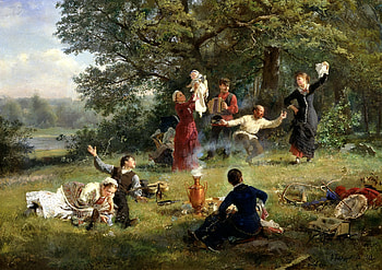 Sunday, korzukhin, painting, art, pictura, green, people, picnic HD wallpaper