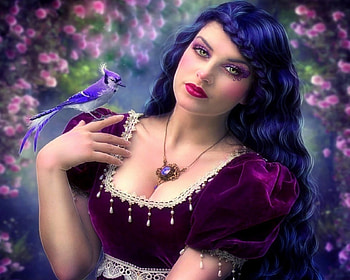 ~Delicate Esmeralda~, birds, emotional, necklace, beautiful girls, digital art, charm, lips, eyes, weird things people wear, people, backgrounds, creative pre-made, woman, love four seasons, pretty, manipulation, face, models, girls, flowers, lovely, hair HD wallpaper