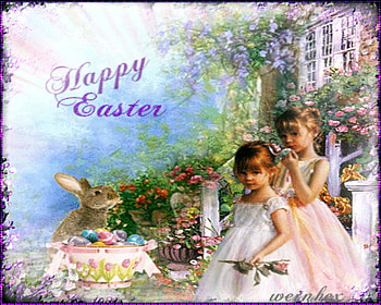 happy easter, children, framed, easter eggs, easter, flowers, rabbit HD wallpaper